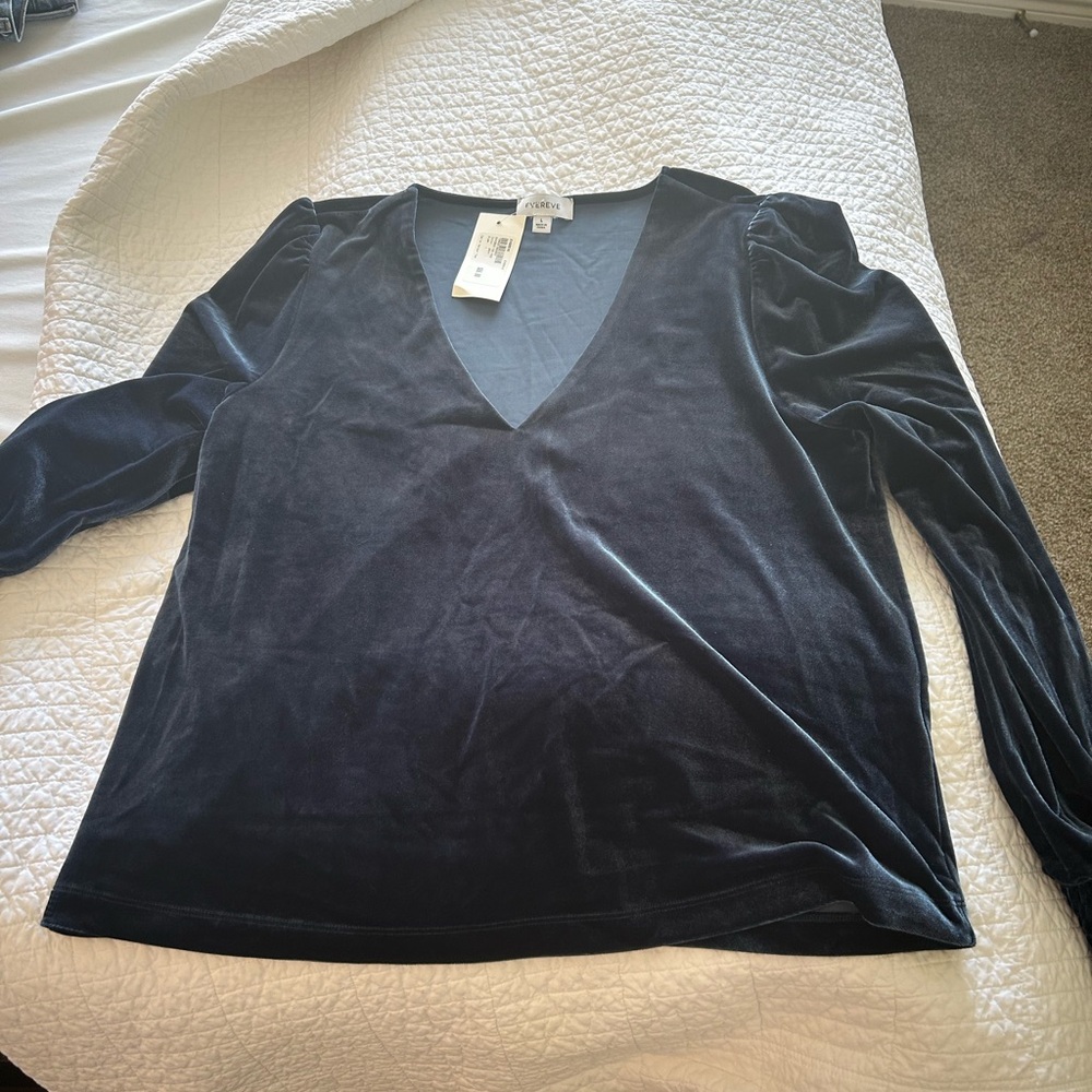 Evereve Midnight Blue Velvet V-Neck Blouse
